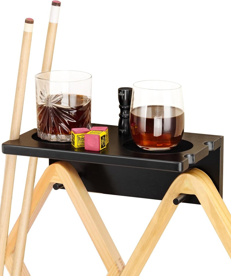 EXTCCT Wall Mounted Cue Holder - Hardwood Billiard Cue Rest and Drink Holder with Chalk Holder 11 x 6.3 x 4.1 Inches (Black) - Image 1